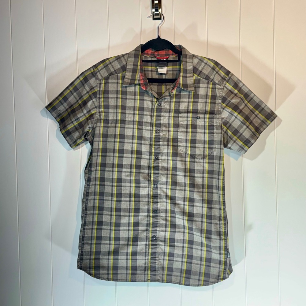 The North Face Mens Plaid Short Sleeve Snap Shirt Grey Yellow Large